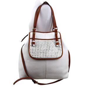 LARGE ASIA BELLUCCI ITALY WHITE BROWN GENUINE LEATHER SHOULDER BAG XBODY PURSE